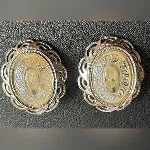 Whiting Davis Cameo Earrings Carved Clear Glass Clip ons Silver Tone Vintage